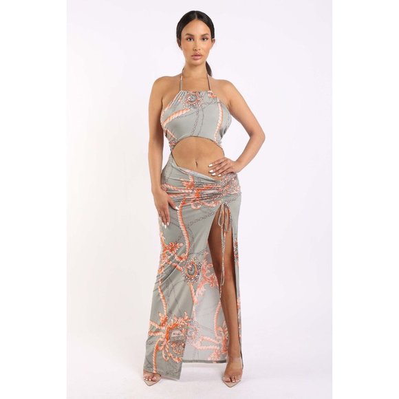 Boutique Dresses & Skirts - Women's Printed Halter Long Maxi Dress Strappy Sleeve Cut Out Front Sexy Cute